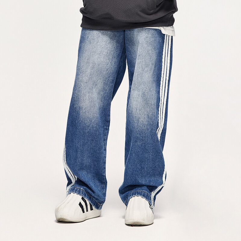Celana panjang kasual pria, Jeans dicuci klasik, celana taktis kualitas tinggi model sambungan, celana kaki lebar longgar musim semi dan panas