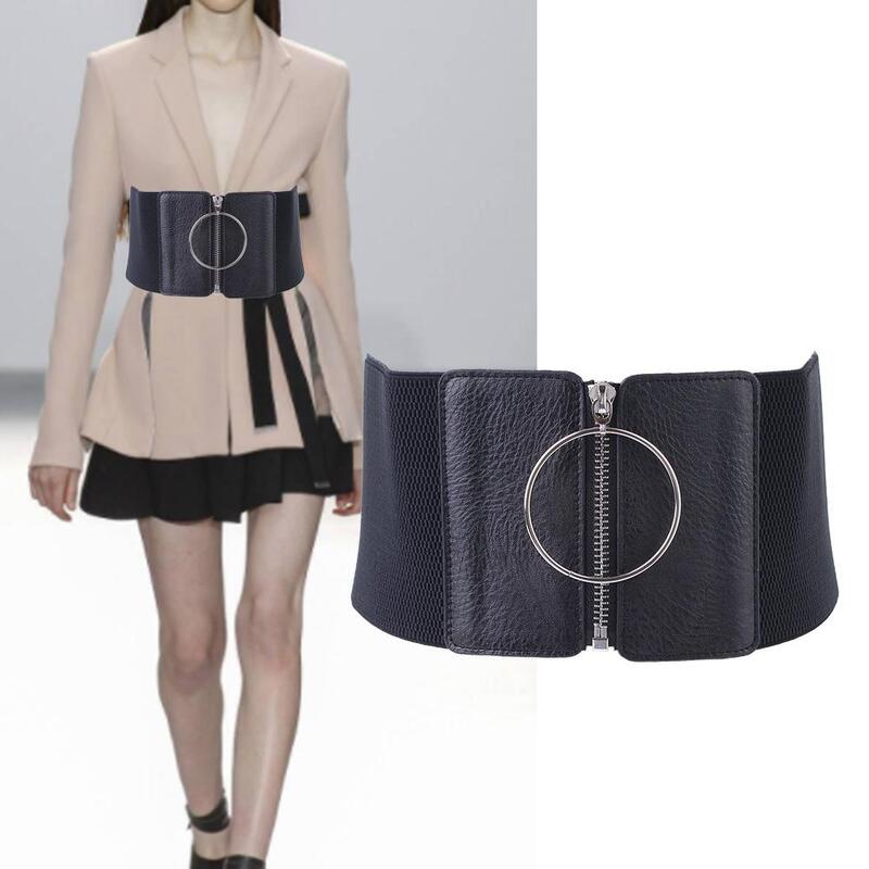Dekorasi rok cincin lingkaran logam tali pinggang tinggi sabuk pinggang lebar ritsleting sabuk elastis ikat pinggang wanita