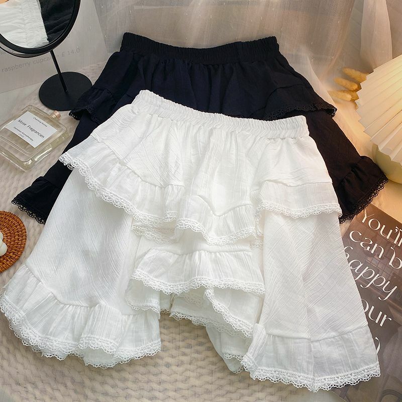 Mini jupe Kawaii à volants pour femmes, taille élastique, blanche, noire, irrégulière, Style japonais, esthétique, Streetwear, Y2k