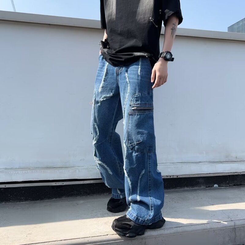 Calça jeans reta casual masculina, calça larga larga larga, jeans grande, streetwear hip-hop, moda Y2K, 2024