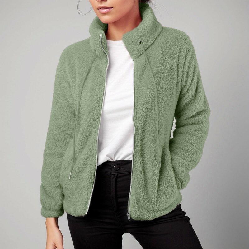 Abrigo de lana para mujer, chaqueta informal con cuello alto y cremallera, Color liso, ropa de otoño e invierno, novedad