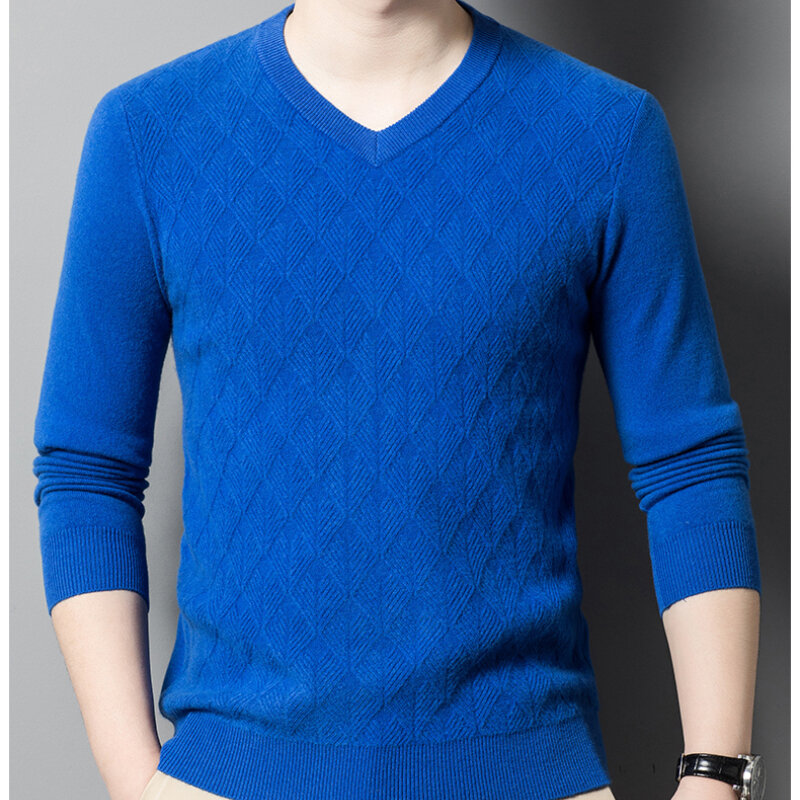 V-neck Jacquard Warm Sweater Knitwear Mens Fall/Winter Solid Color Business Leisure Slim Fit Brand Knit Sweater Pullovers