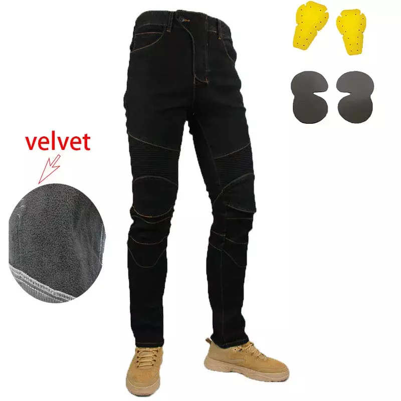 Motorcycle Winter Riding Velvet Jeans Snowmobile Riding Wind And Cold Lamb Velvet Drop-resistant Pants With Protective Gears