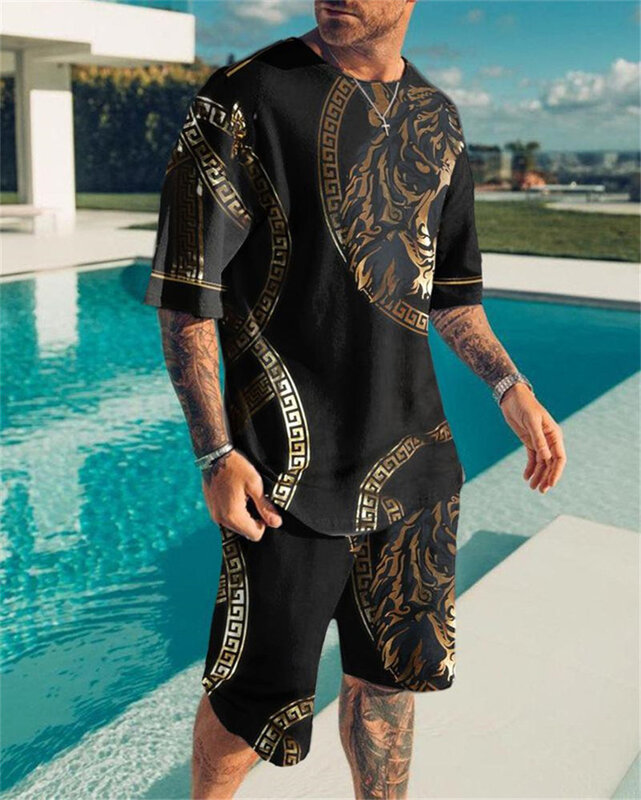 남성용 3D 디지털 프린트 운동복 세트, 캐주얼 비치 스타일, 티셔츠 및 반바지, 유럽 및 미국 트렌드, 여름