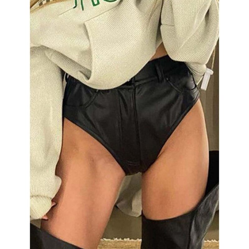 Womens Goth Punk High Waist PU Leather Mini Booty Shorts with Pockets Stretchy PU Leather Bodycon Hot Pant Partywear N7YD