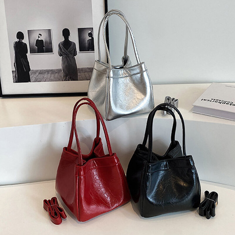 Crossbody Bag for Women Trend 2024 Y2K Silver Fashion Designer Luxury Brand Party Tote Handbag Pu Leather Shoulder Bucket Bag