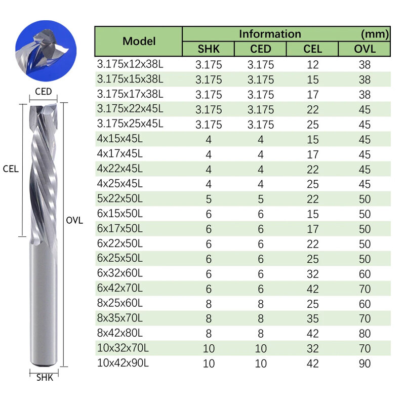 Biaonu 1-teiliges Hartmetall-Spiralfräswerkzeug mit zwei Schneiden, 3,175/4/5/6/8 mm, Kompressionsfräser, CNC-Schaftfräser für Holz