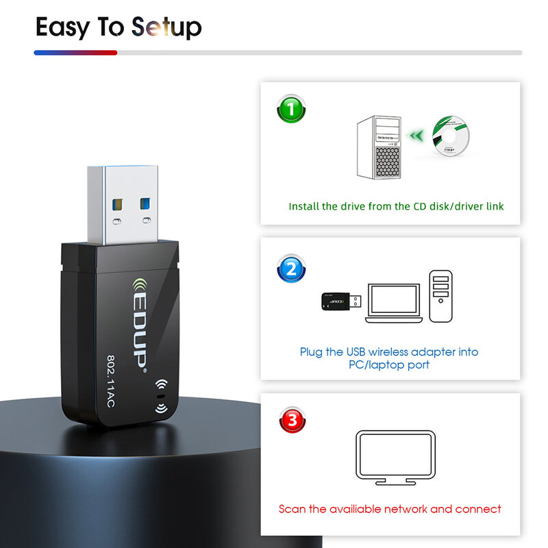 EDUP-Mini USB WiFi Adapter, Dual Band Network Card, Wireless AC, 1300Mbps, 5G, 2.4GHz, apto para PC, desktop, Laptop, Win11