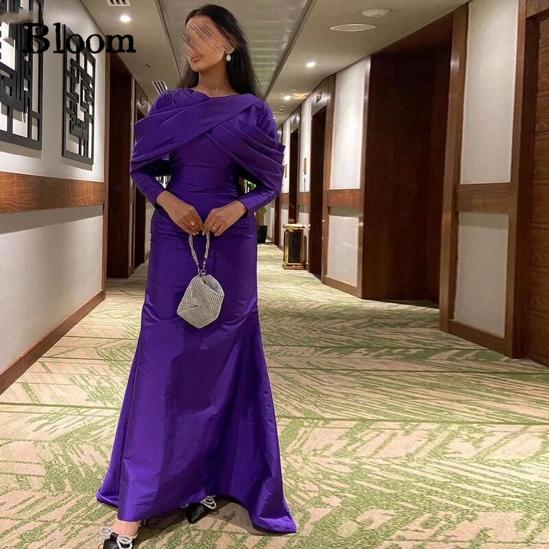Bloom Purple taffetaイブニングドレス、長袖、クロスフリル、arabiaエレガント、プロム用のフォーマルなウェディングパーティードレス