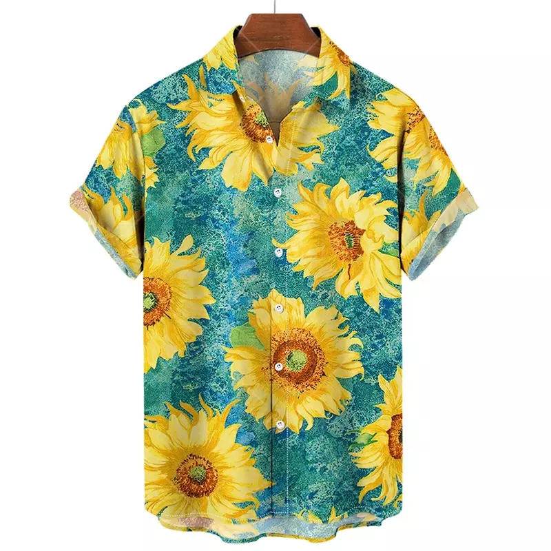 Sunshine sunflower print camicia a maniche corte stile spiaggia da uomo hawaiana camicia da uomo casual di grandi dimensioni allentata 2023 nuovo stile