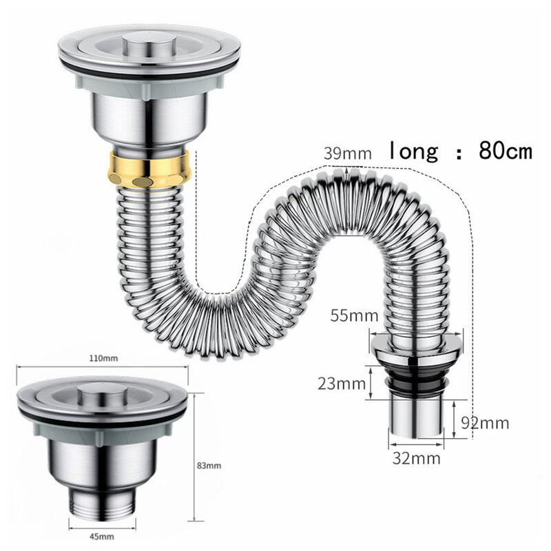 Stainless Steel Drain Pipe Sink Drain Pipe Copper Cap Drain Pipe Sink Accessories Full Set Of Kitchen Universal