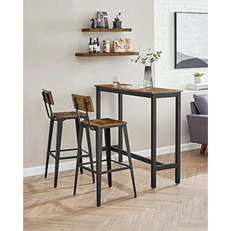 Bar Height Stools, Tall Bar Stools with Back, Bar Chairs, Steel Frame, Industrial Style, Easy Assembly, Rustic Brown and Black
