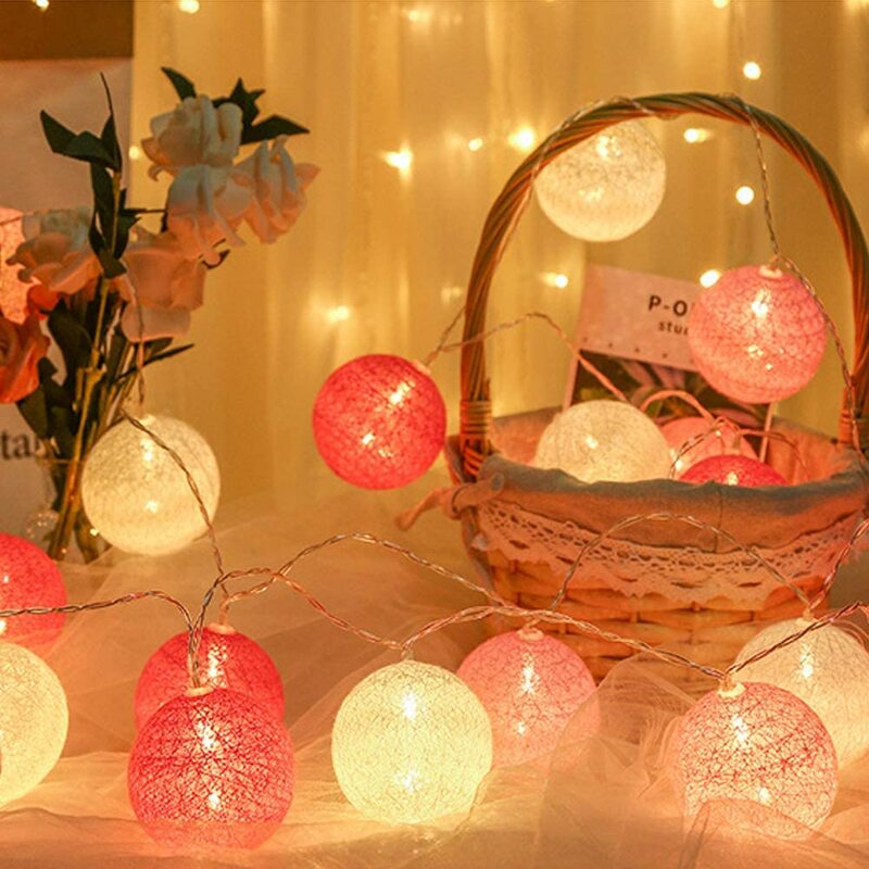 装飾的な綿のボールのLEDライトコード,室内照明,パーティー,結婚式,ガーデンパーティー,直径6cm,2m, 10ランプ用
