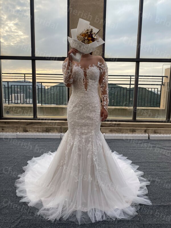 SA2201 Mermaid Wedding Dress Long Sleeves Lace Applique and Beading Mermaid Bride Wedding Dress Ivory Bridal Gown for Women