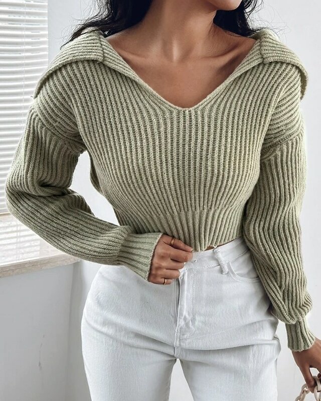 Women's Casual Turn Down Collar Crop Knit Sweater Female Clothes New Winter Temperament Commuting Woman Fashion Knitted Pullover