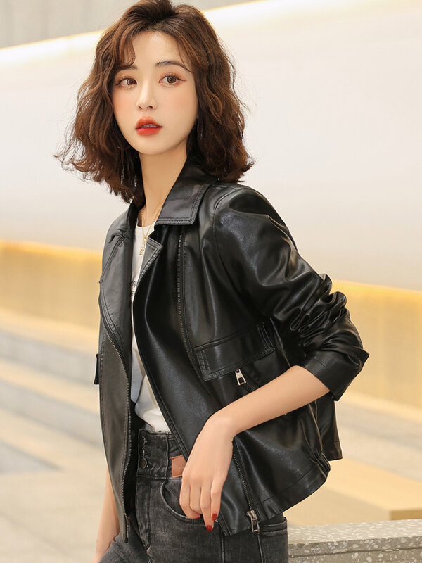 New Women Casual Leather Jacket Spring Autumn Fashion Trend Suit Collar Loose Short Sheepskin Coat Split Leather Small Outerwear