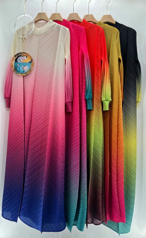 Miyake plisowana modna sukienka gradientowa wokół szyi rękaw typu bombka okładka dojazdowa odzież damska długie sukienki wiosna/lato 2024 nowość