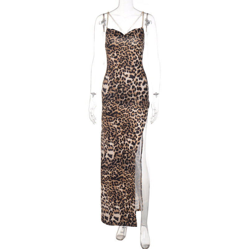 JOStrap-Robe maxi à imprimé léopard pour femme, fente latérale, dos nu, tambour, sexy, streetwear, festival, soirée élégante, 2024