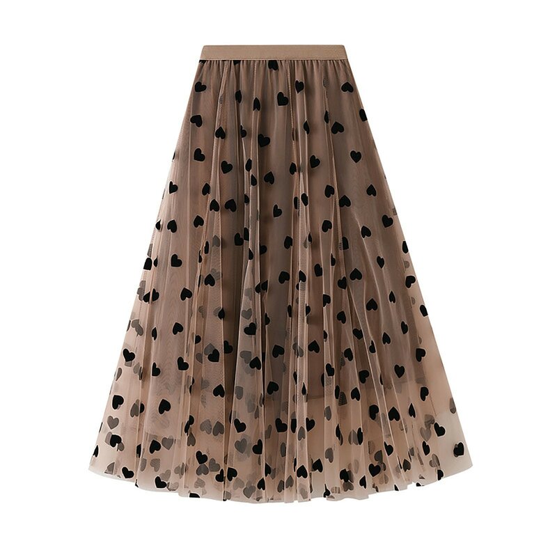 Ladieselegant Lace Skirt Medium Loose Tulle Skirt High Elastic Waist A Line Love Prints Beach Skirt For Casual Vacation Skirt