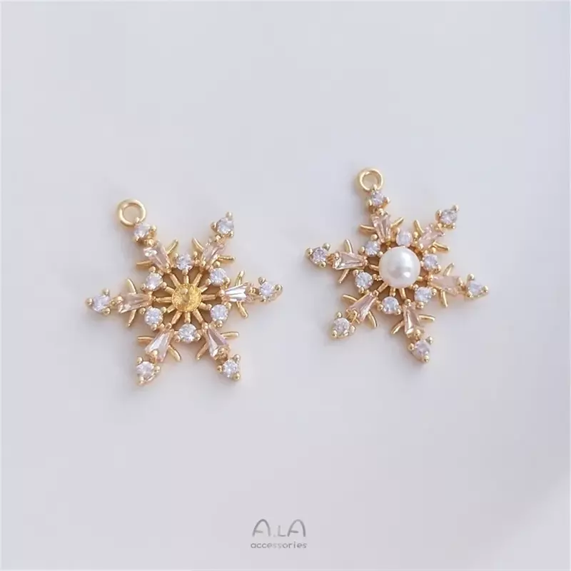 14K Gold Plated Micro Inlaid Zircon Snowflake Trifolium Half Hole Bead Holder Pendant Handmade DIY Pearl Jewelry Accessories