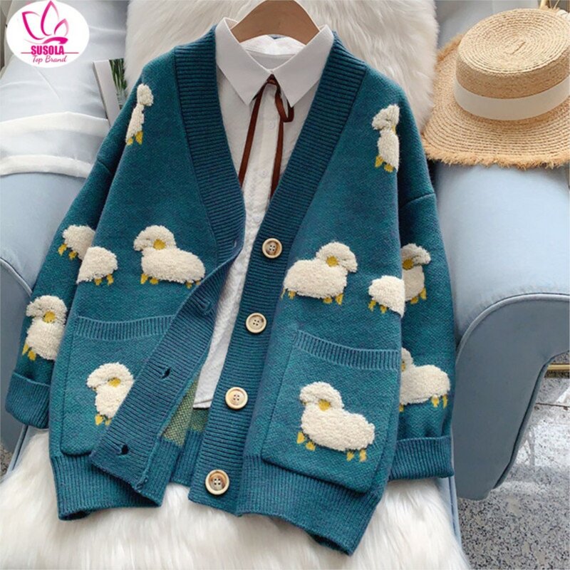SUSOLA-Cardigans de ovelha com decote em v feminino, suéter feminino, malhas quentes, jaqueta longa, malhas, tendência coreana