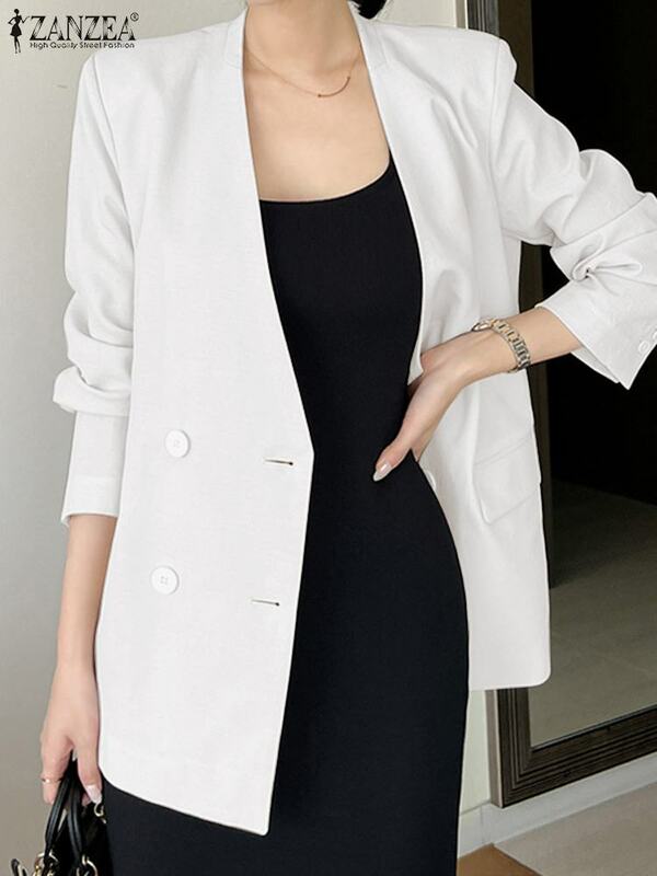 ZANZEA-blazer simples para mulheres, blazer de manga comprida, jaquetas com gola v, bolso falso, casacos formais, terno de escritório, moda coreana