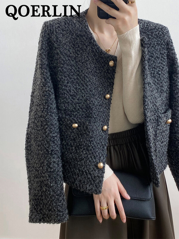 QOERLIN Stilvolle Koreanische Mode Tasten Blazer Elegante Schwarz Beige Jacke Mantel mit Tasche Langarm Büro Outfits