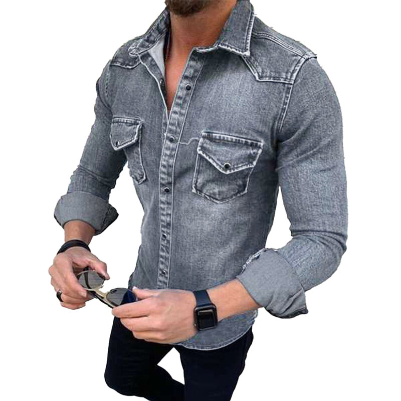 Camisas masculinas de manga comprida com encaixe no peito, camisas de peito único, tops slim fit, roupas casuais, primavera, outono