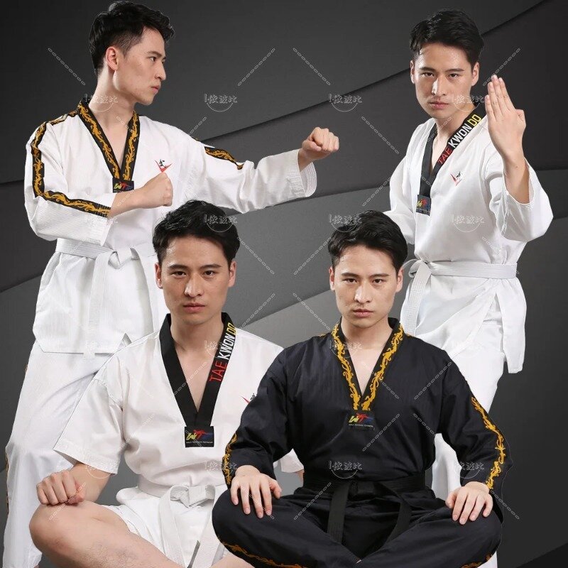 Uniformes de Taekwondo de algodão de manga comprida para homens e mulheres, roupas de treino marcial para adultos e crianças, manga curta, primavera e verão