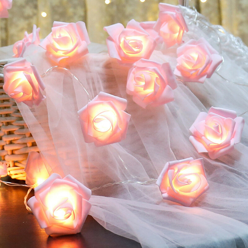Light Up Pink Rose Flower Led String Lights Battery Power Foam Flower Lights For Bedroom Exquisite Foam Decorative Lanterns