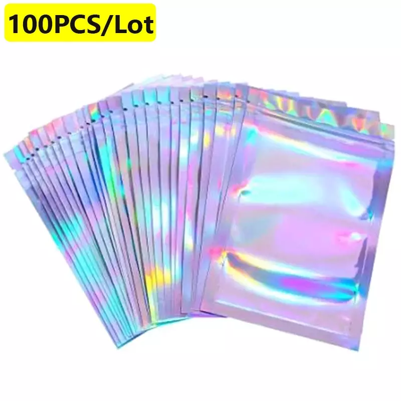 Bolsa Ziplock iridiscente de 100 piezas, bolsas de sellado de plástico grueso con láser transparente para exhibición de Joyas, manualidades, embalaje para pestañas y uñas