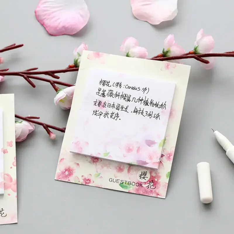 Bloc de notas autoadhesivo romántico, Bloc de notas de flores de cerezo, mensaje bonito, papelería de regalo, 11x9CM, 2 paquetes
