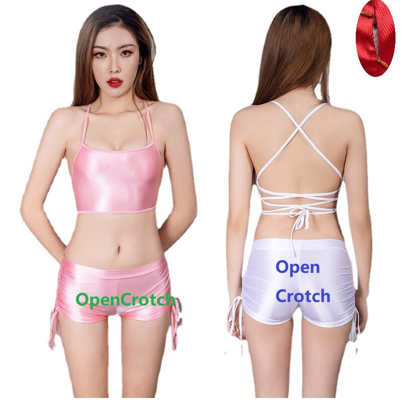 Women's Invisible Zipper Open-Crotch Pants Rope Strap Tube Top Oily High Elastic Drawstring Adjustable Shorts Suit Sexy Lingerie