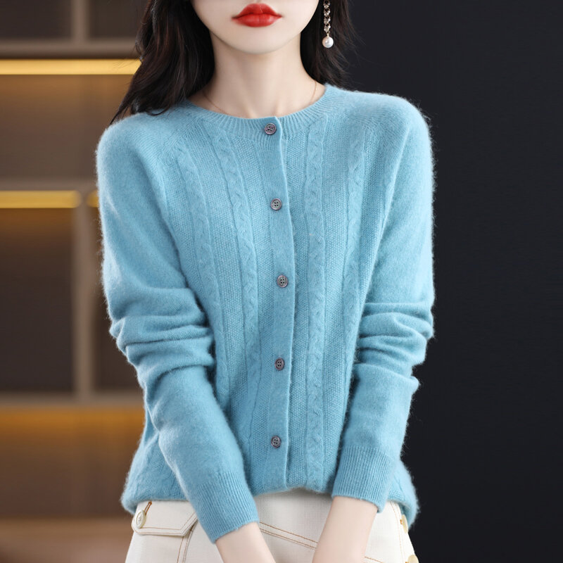 Solid Color 100 czysty wełniany sweter, wiosna jesień gotowy do noszenia, luźny płaszcz, skręcony kwiat Temperament sweter, wersja koreańska
