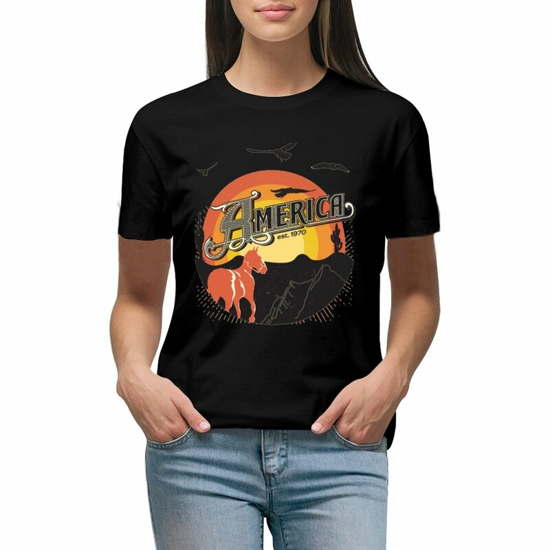 America Band T-shirt wanita, pakaian hippie Korea untuk perempuan