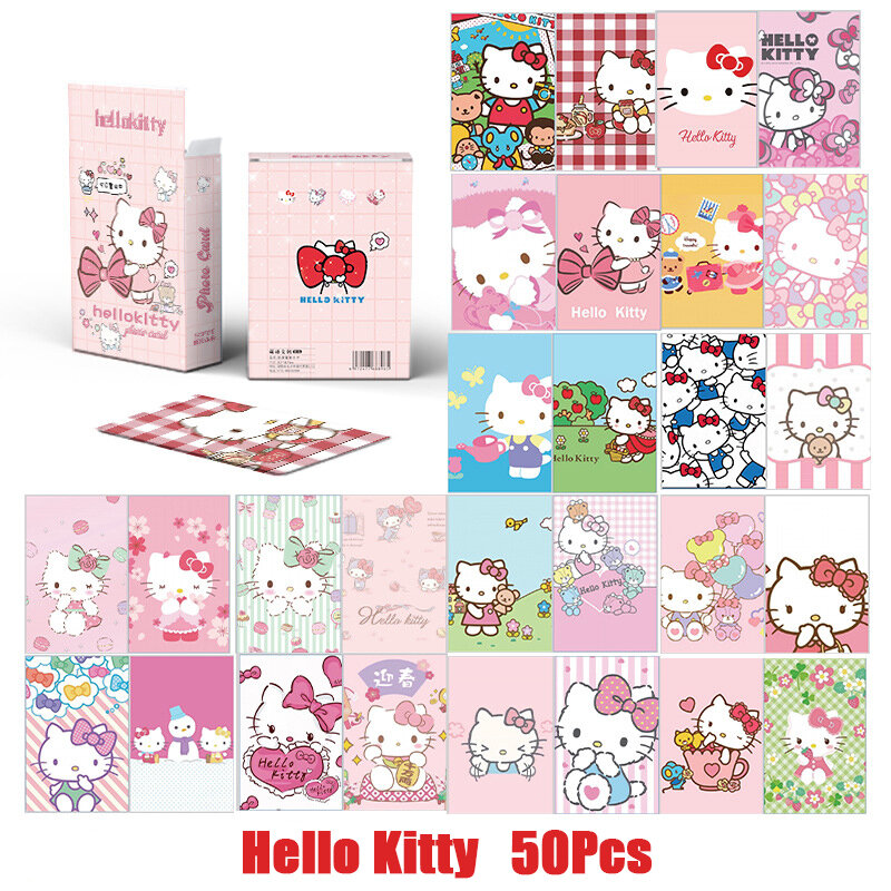 50 buah/kotak kartu Sanrio Kawaii Hello Kitty Kuromi Melody Cinnamoroll Pochacco kartu koleksi untuk anak-anak perempuan hadiah ulang tahun mainan
