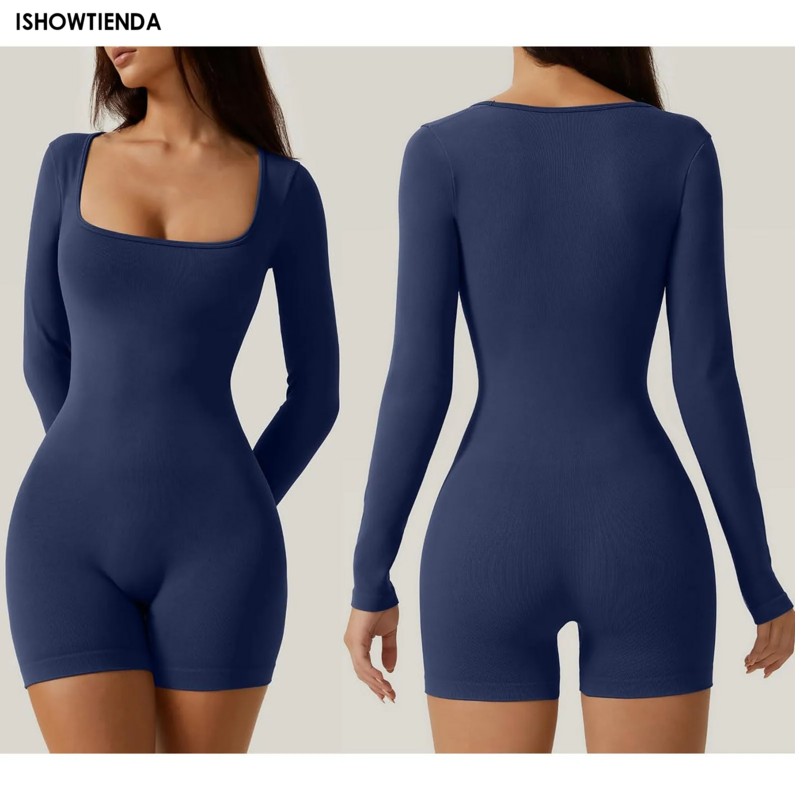 Women's Casual Long Sleeve Fitted High Waist Workout Daily Bodysuit One Piece Short Jumpsuit Solid Color Yoga Sport Rompers