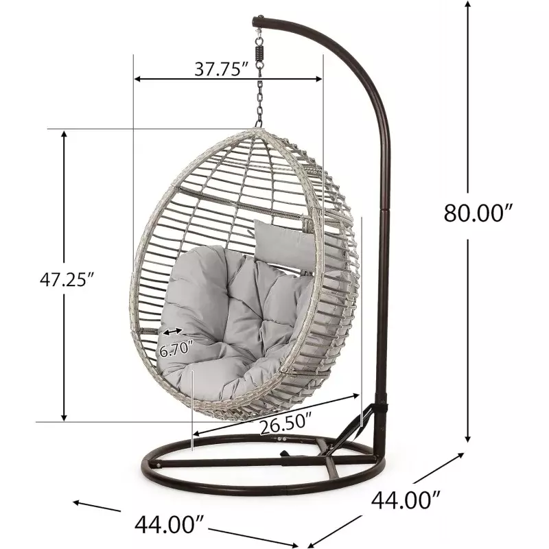 Christopher Knight-Outdoor Wicker Hanging Basket Chair, Water Resistant Almofadas, Base de Ferro, Cinza, Preto, Início Leasa