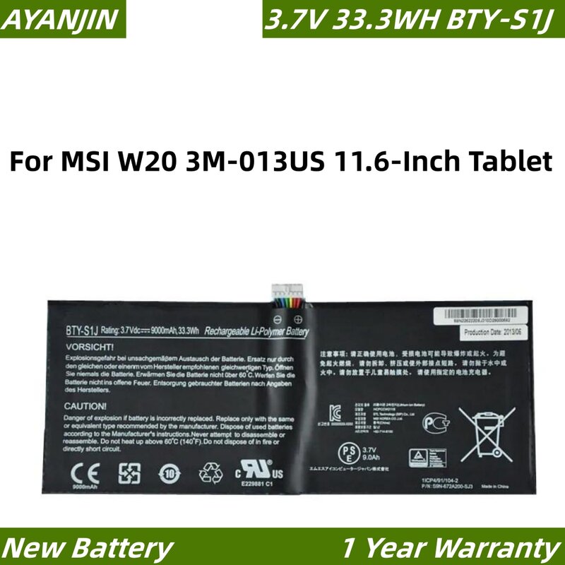 BTY-S1J Bateria do portátil para MSI W20, 3M-013US, 11,6 "Série Tablet, 9000mAh, 33.3Wh, 3M-013US