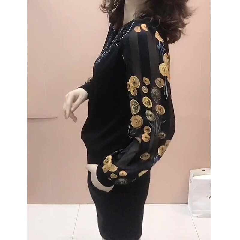 Women Clothing Vintage Patchwork Lace V-Neck Floral T-Shirt Spring Summer Elegant Casual Female Diamonds Thin Long Sleeve Tops