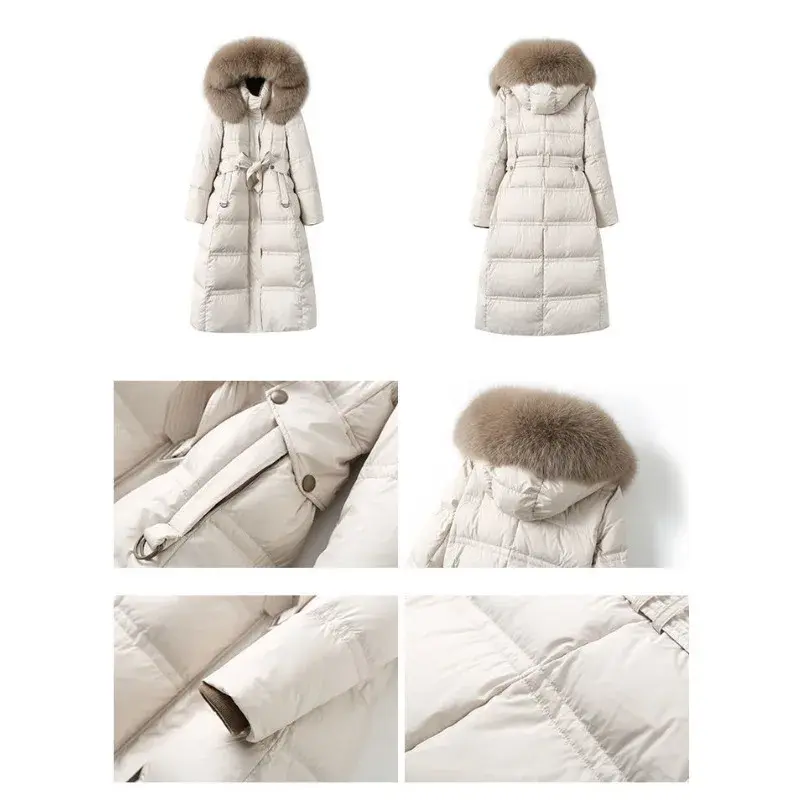 2024 여성용 다운 재킷, 중간 길이 버전 파카, 두껍고 따뜻한 슬림핏 아웃웨어, 후드 모피 칼라 오버코트, 겨울 코트, 신상