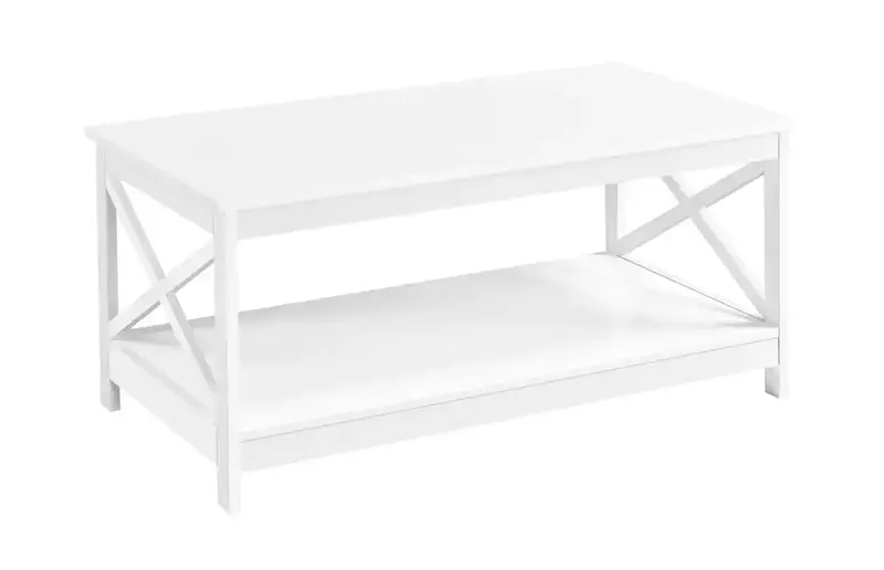 Meja kopi persegi panjang desain X kayu Modern dengan rak penyimpanan, putih