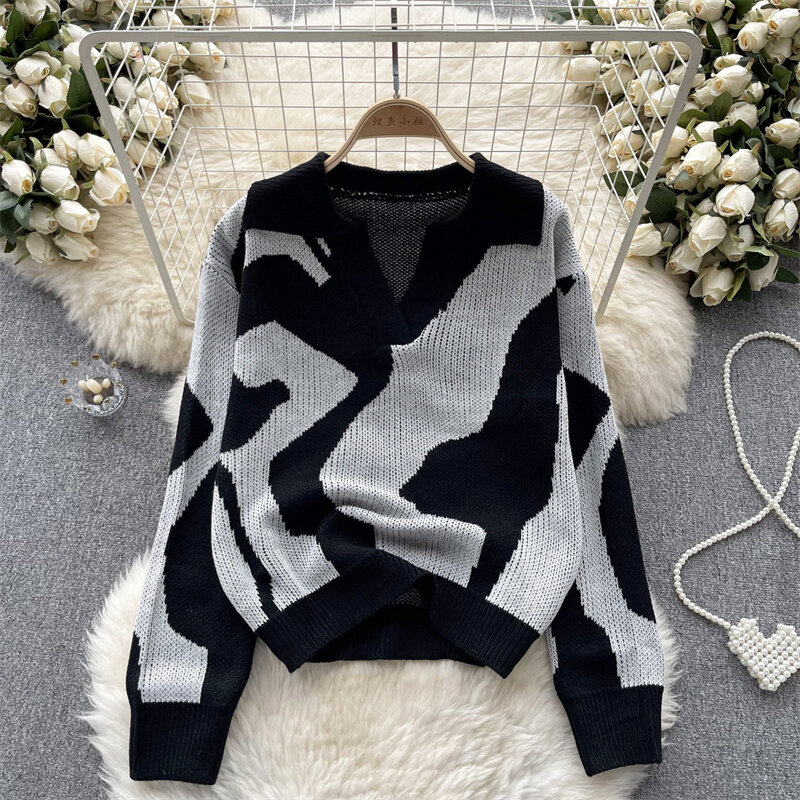 Модный вязаный пуловер с V-образным вырезом, топы, свитер с длинным рукавом разных цветов, хаки, черный, синий, новинка сезона весна-осень, женская трикотажная одежда