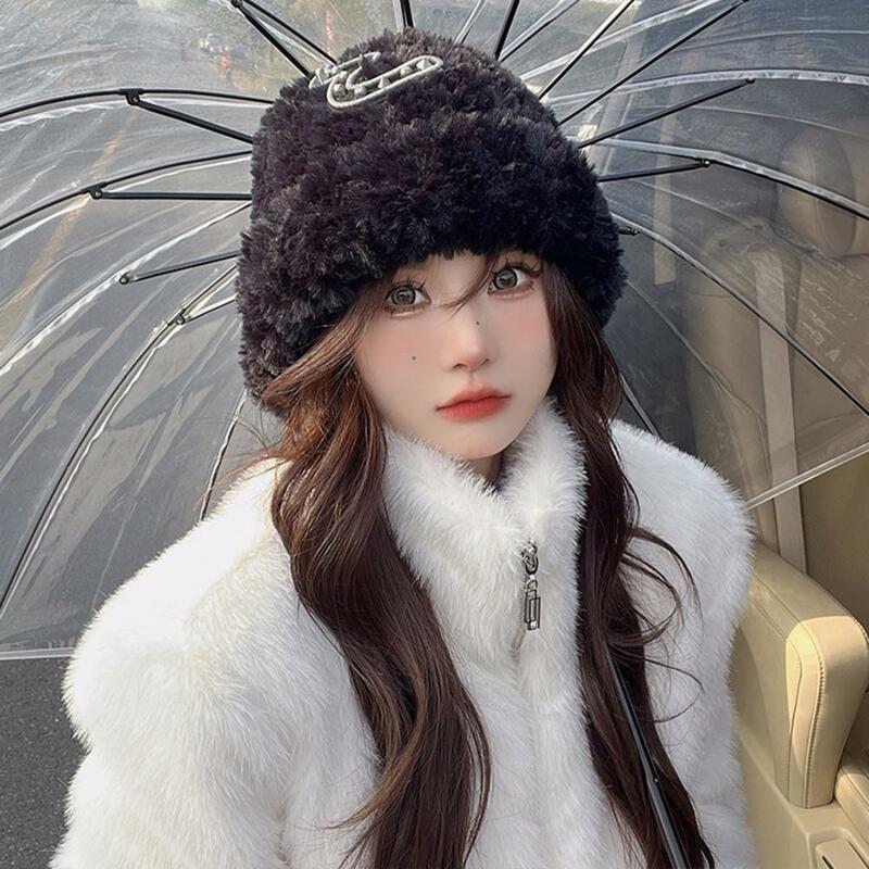 Stylowa kapelusz typu Bucket odporna na zimno damski kapelusz błyszcząca pluszowe dziane kapelusz rybaka utrzymuj ciepło