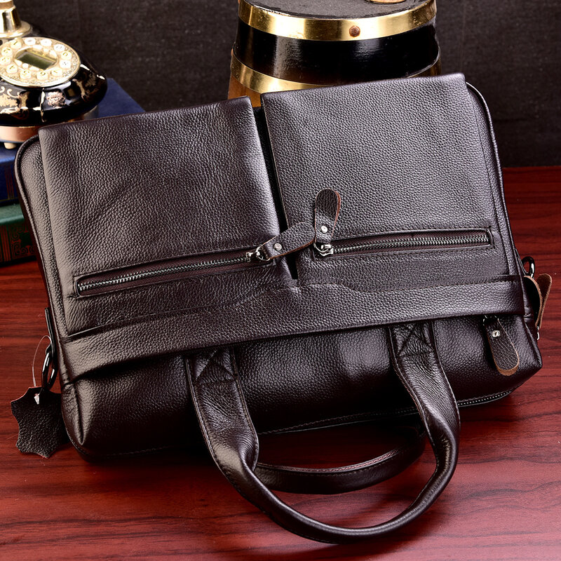 男性用の本革ビジネスブリーフケース,カジュアルなショルダーバッグ,ハンドル付きオフィスバッグ,14インチのラップトップバッグ