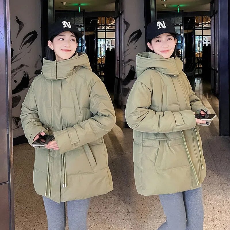 Niebieski ocieplana kurtka damski średniej długości bawełniany płaszcz 2023 zima nowa ciepła odzież wierzchnia koreańska Oversize damskie parki
