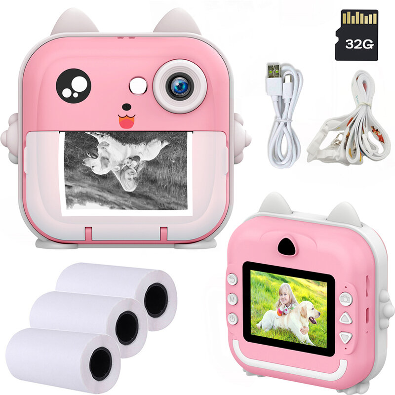Mini appareil photo numérique à impression instantanée pour enfants, appareil photo pour enfants avec papier d'impression zéro encre, carte TF 32 Go, jouets cadeaux