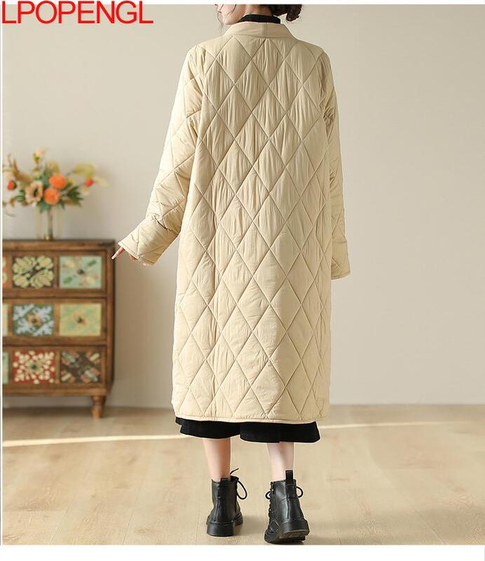 2023 damska moda jesienna i zimowa średniej długości płaszcz luźny Vintage jednolity kolor z długimi rękawami elegancka bawełniana odzież