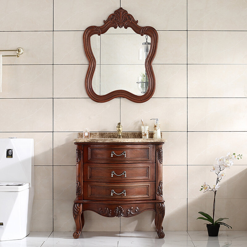 Armario de baño europeo de roble rojo, mueble de lavabo de apartamento pequeño, combinación de soporte de madera maciza