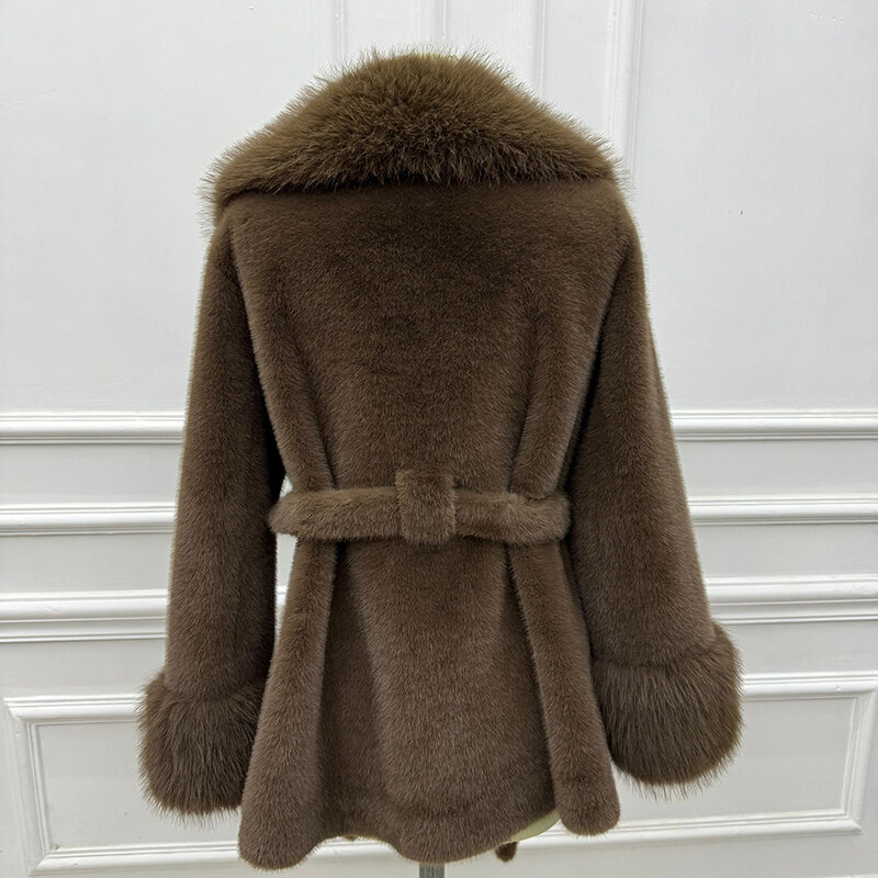 Jaket bulu rubah palsu mode mantel wanita 2023 musim dingin desain mewah mantel bulu kerah besar mantel bulu Keren Gadis mantel potong bulu palsu